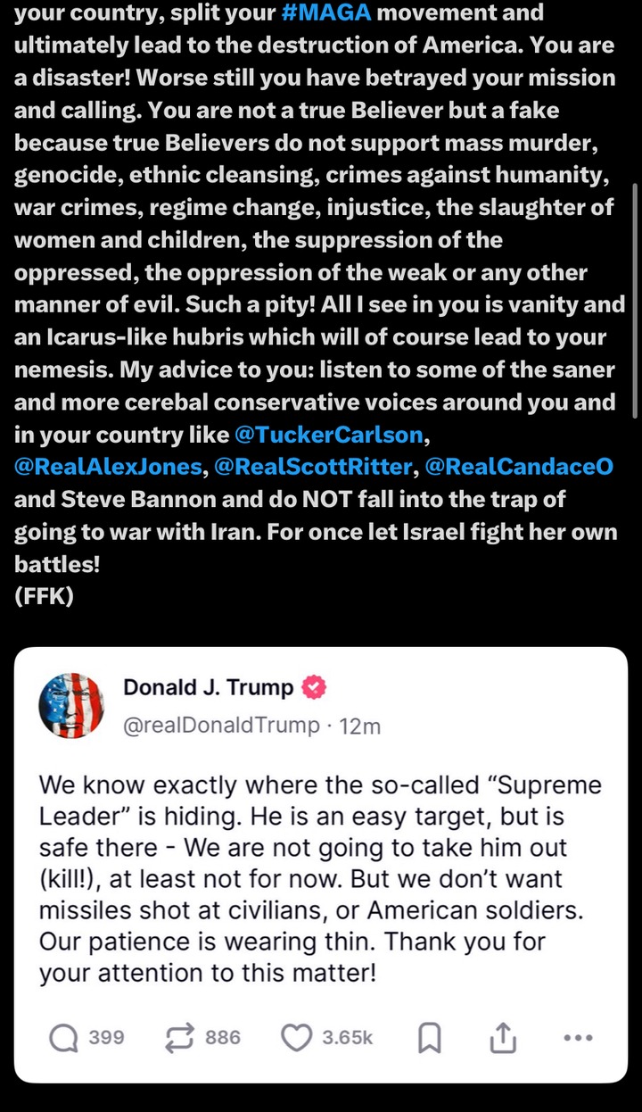 Trump Said They Know Where The Iran Supreme Leader Is Hiding, He Is An Easy Target, FFK Reacts After Trump Said They Know Where The Iran Supreme Leader Is Hiding, He Is An Easy Target, FFK Reacts After