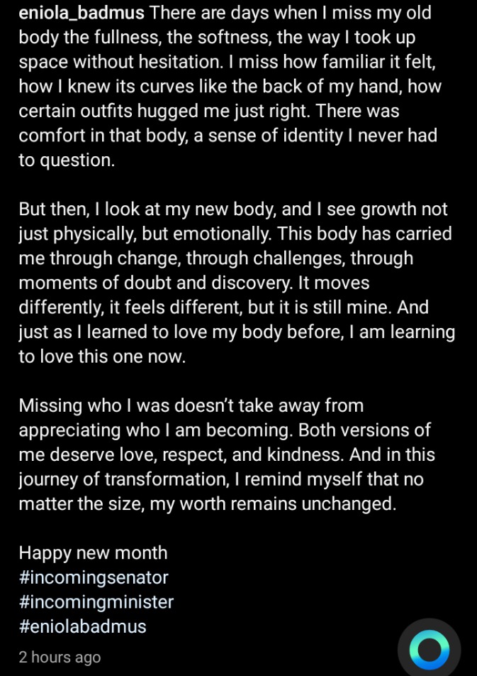 I Miss My Old Body, It Was So Soft, Full And Consumed Space-Eniola Badmus reveals I Miss My Old Body, It Was So Soft, Full And Consumed Space-Eniola Badmus reveals