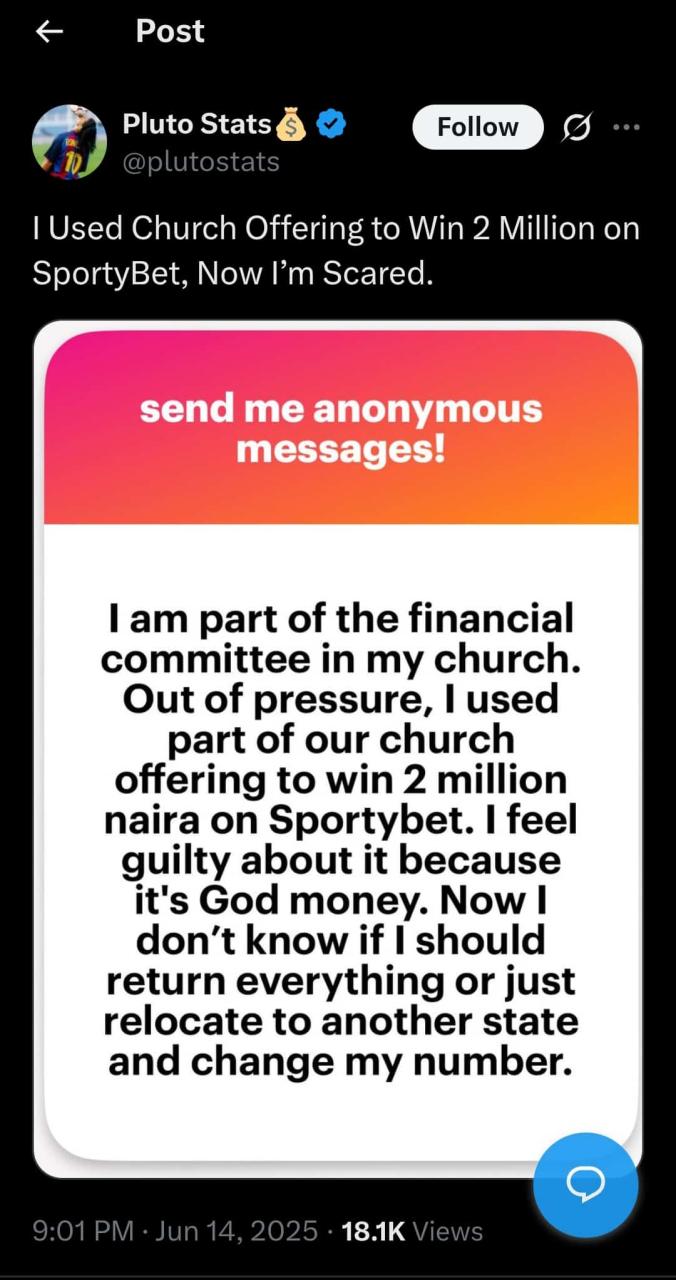 BREAKING: Man steals from church offering box and uses money to play Sportybet, wins ₦2m BREAKING: Man steals from church offering box and uses money to play Sportybet, wins ₦2m