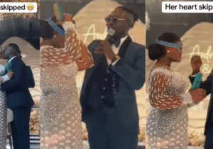 “This is not funny at all” – Bride shocked after thinking she kissed the wrong man during blindfolded wedding game (Video)