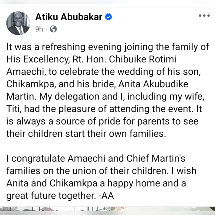 Atiku Abubakar Pictured With His Wife, Titi As They Attend Rotimi Amaechi Son's Wedding On Saturday