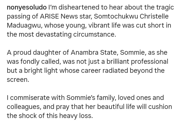 Anambra First Lady Nonye Soludo Pays Tribute To Late ARISE News Star Somtochukwu Christelle Maduagwu