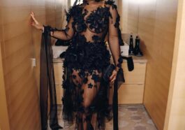 Chioma Adeleke at the 2026 Grammy Awards in a sheer black floral gown by Nguyen Cong Tri in Los Angeles.